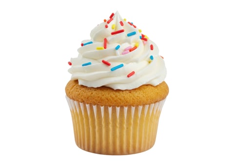 Classic vanilla cupcake with white frosting and colorful sprinkles